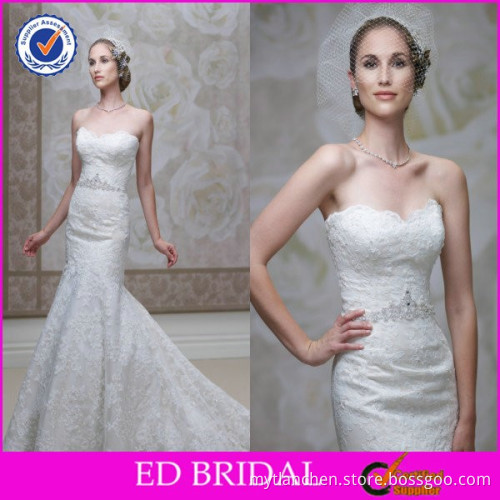 2015 Custom Made High Waist Crystal Belt Sweetheart Mermaid Lace Wedding Apparel